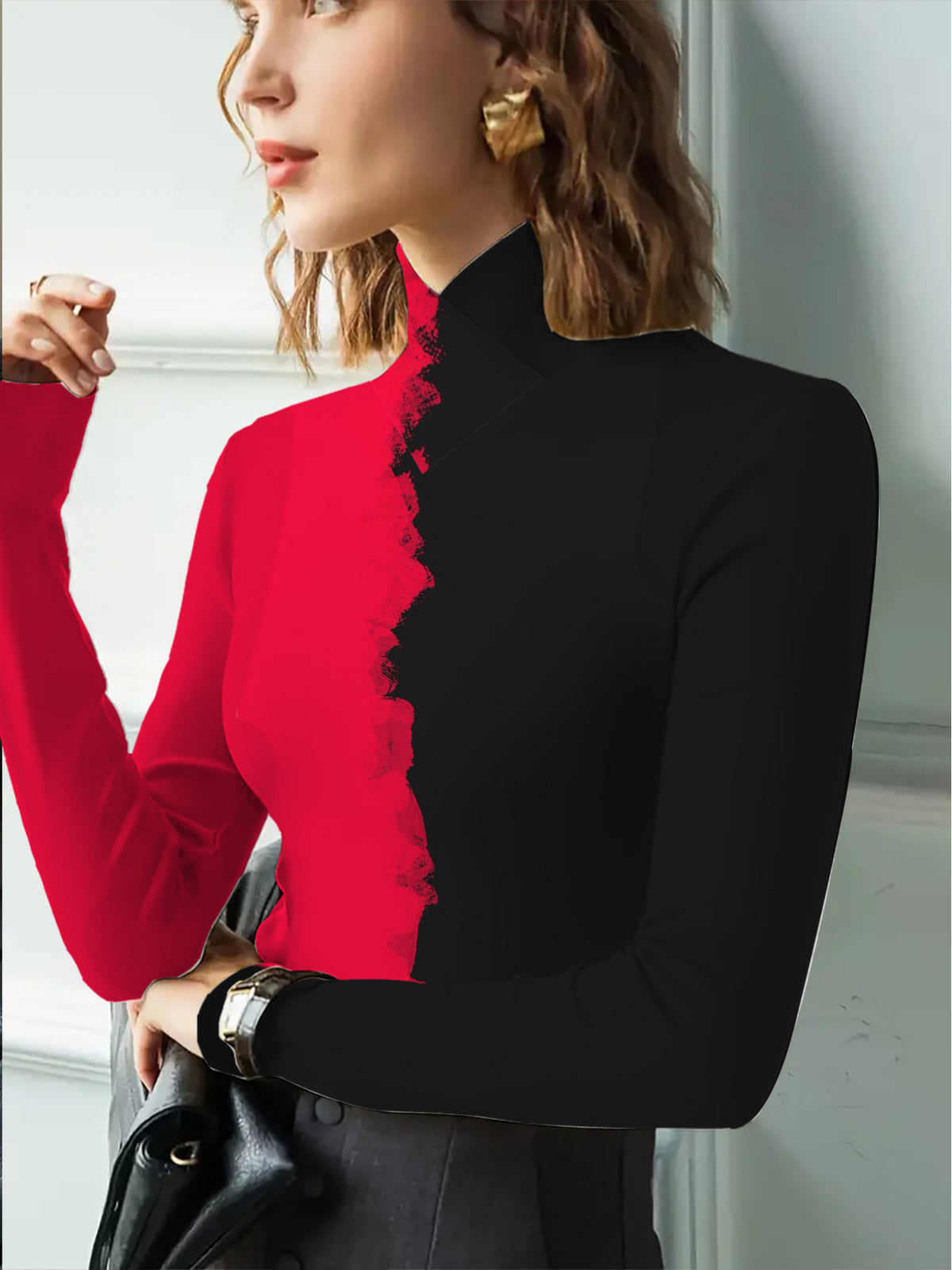 Women'S Mandarin Collar Long Sleeve T-Shirt, Suitable for Female Wear, Fabric, Regular Fit, with Red Black Split Transformation Design, Spring Fall Collection