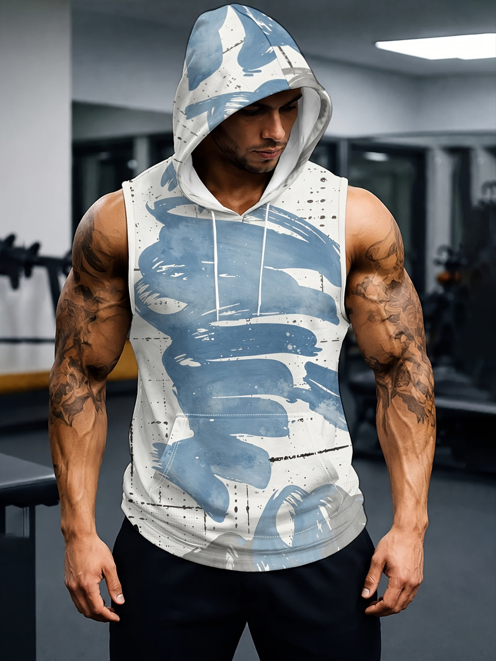 Men'S Hooded Sleeveless Top Black And White Ink Splash Print Sports Fitness Vest Daily Casual Trendy Versatile Breathable Comfortable Slim Fit for Workout Gym Training