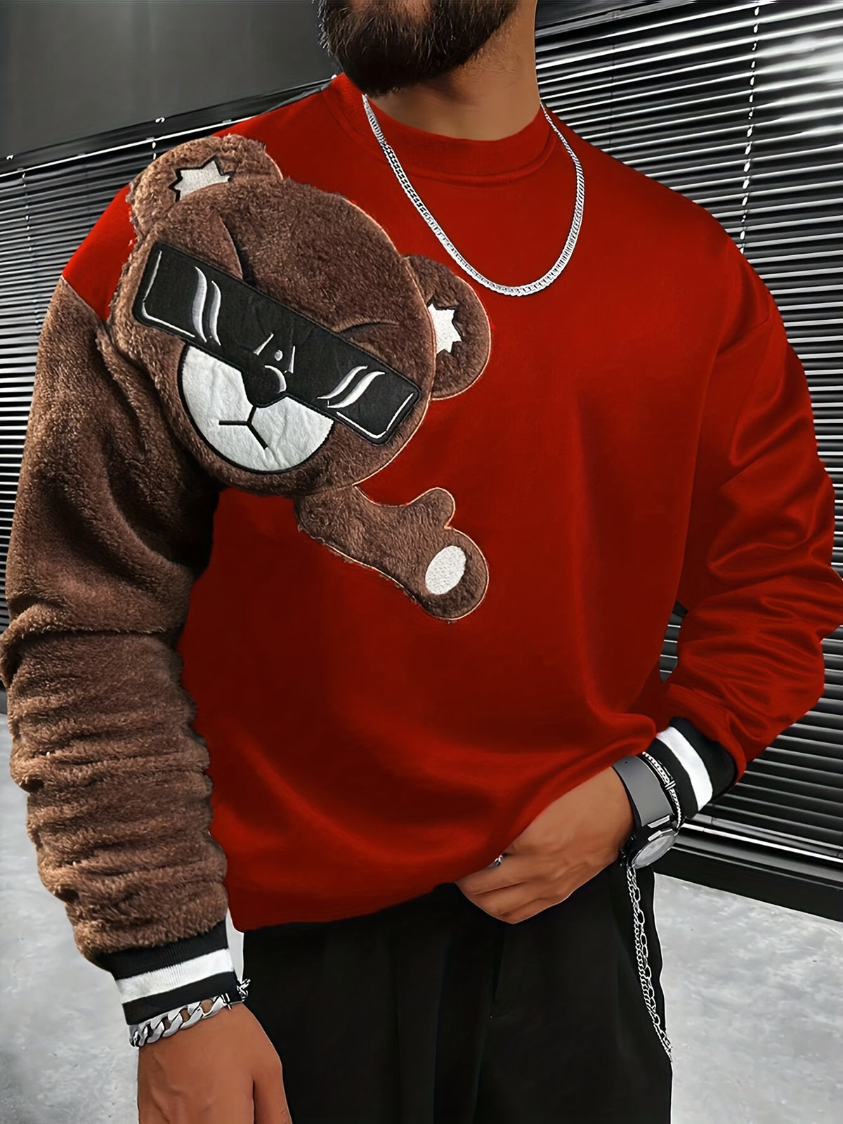 Men'S Fashion Cartoon Bear Long Sleeve Pullover Creative Plush Spliced Casual Sweatshirt
