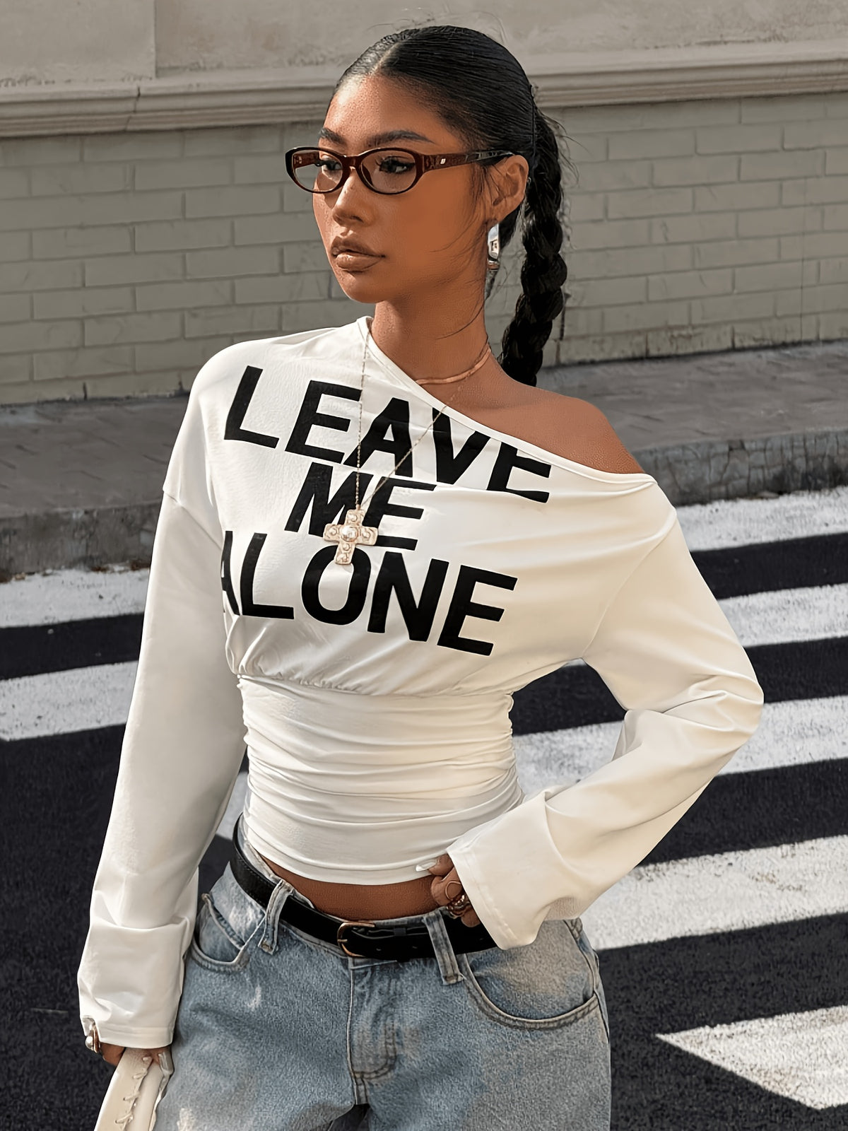 Women'S Letter Print Asymmetrical Shoulder Fitted Short Sleeve Long Sleeve T-Shirt, Suitable for Outdoor, Streetwear, And Y2K Style Clothing