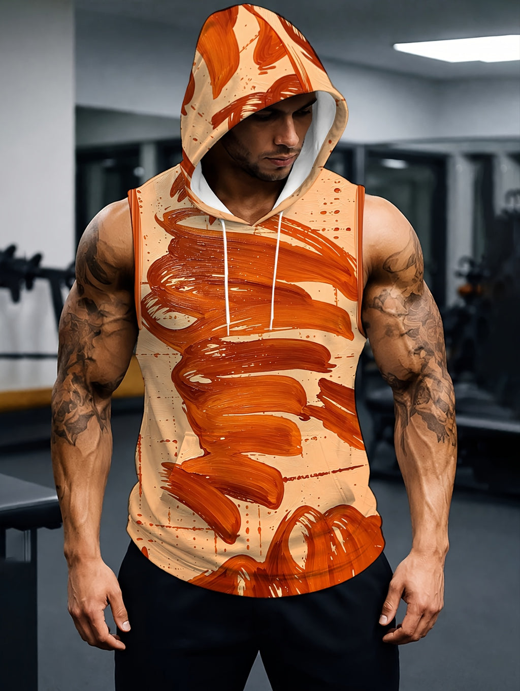 Men'S Hooded Sleeveless Top Black And White Ink Splash Print Sports Fitness Vest Daily Casual Trendy Versatile Breathable Comfortable Slim Fit for Workout Gym Training