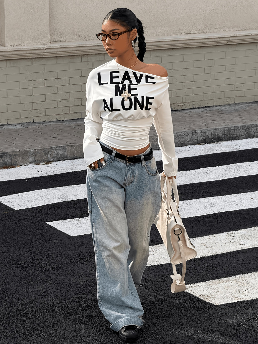 Women'S Letter Print Asymmetrical Shoulder Fitted Short Sleeve Long Sleeve T-Shirt, Suitable for Outdoor, Streetwear, And Y2K Style Clothing