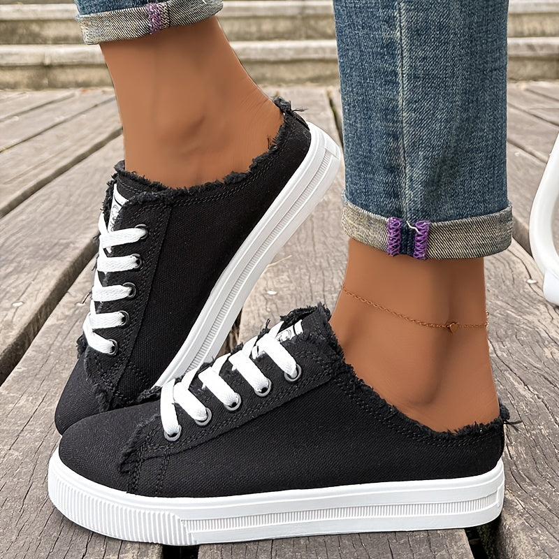 Frayed Flat Shoes Worn Tie Breathable Retro Casual Half Street Trend, Women Shoes, Sneakers