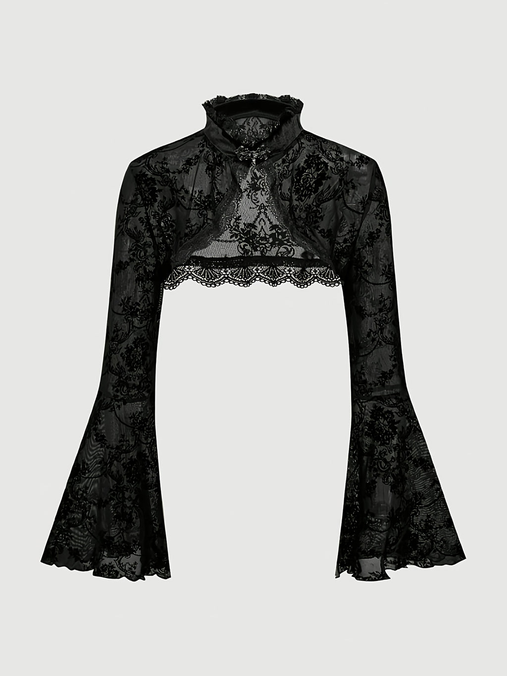 [Black Velvet Shirt] Women's Black Velvet High-Neck Bell Sleeve Short Outer Decorative Shirt