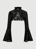 [Black Velvet Shirt] Women's Black Velvet High-Neck Bell Sleeve Short Outer Decorative Shirt