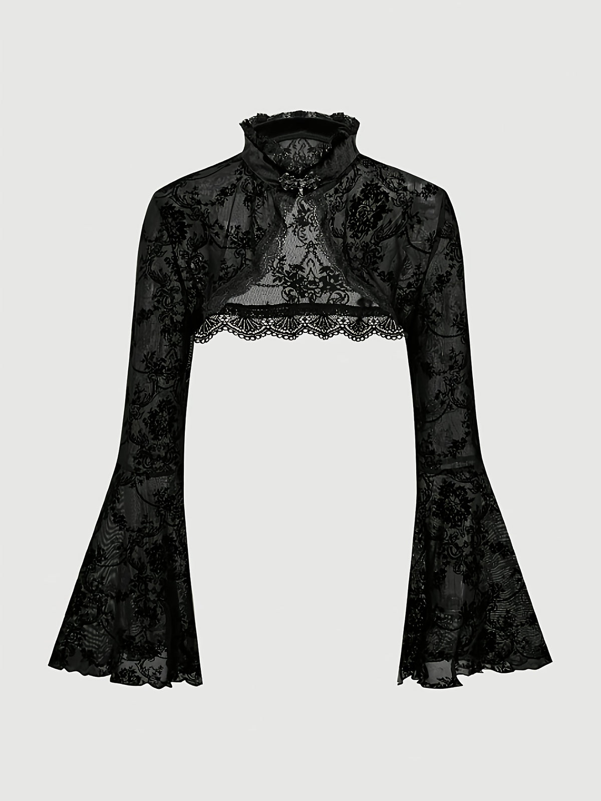 [Black Velvet Shirt] Women's Black Velvet High-Neck Bell Sleeve Short Outer Decorative Shirt