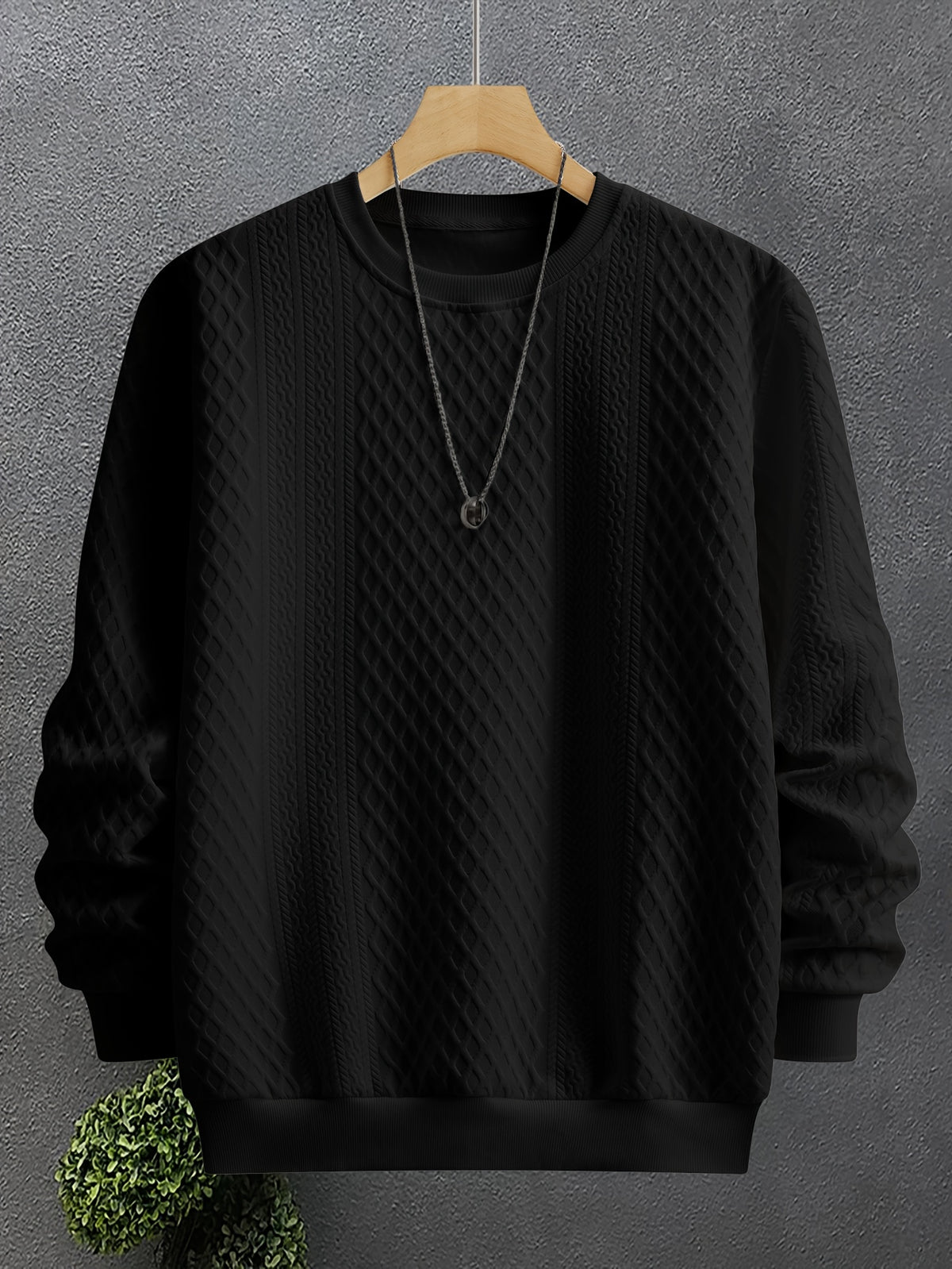 Men's Fashion Crewneck Sweatshirt, Men's Crewneck Sweatshirt, Jacquard Design Casual Streetwear Sweatshirt, Simple Basic Style, Long-Sleeve T-Shirt, Sport Sweatshirt, Men's Casual Apparel, Cuffed Hem