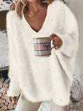Fashion Solid Color V-Neck Beaded Pullover Casual Loose Long Sleeve Top