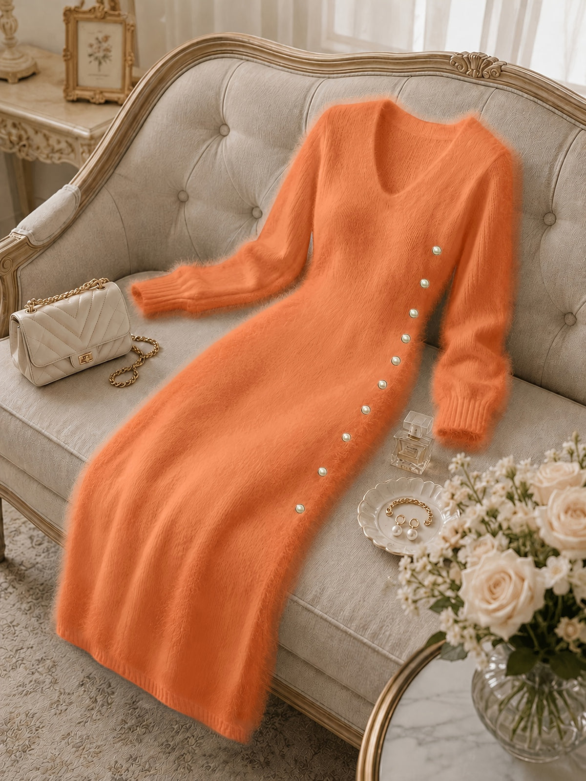 Women's Casual Plush Maxi Dress, V-Neck Long Sleeve Button Front Split Sweater Dress, Versatile for Autumn/Winter Daily Commuting, Soft and Comfortable Fabric, Christmas Style, Suitable for Party Outfits and Banquet Attire