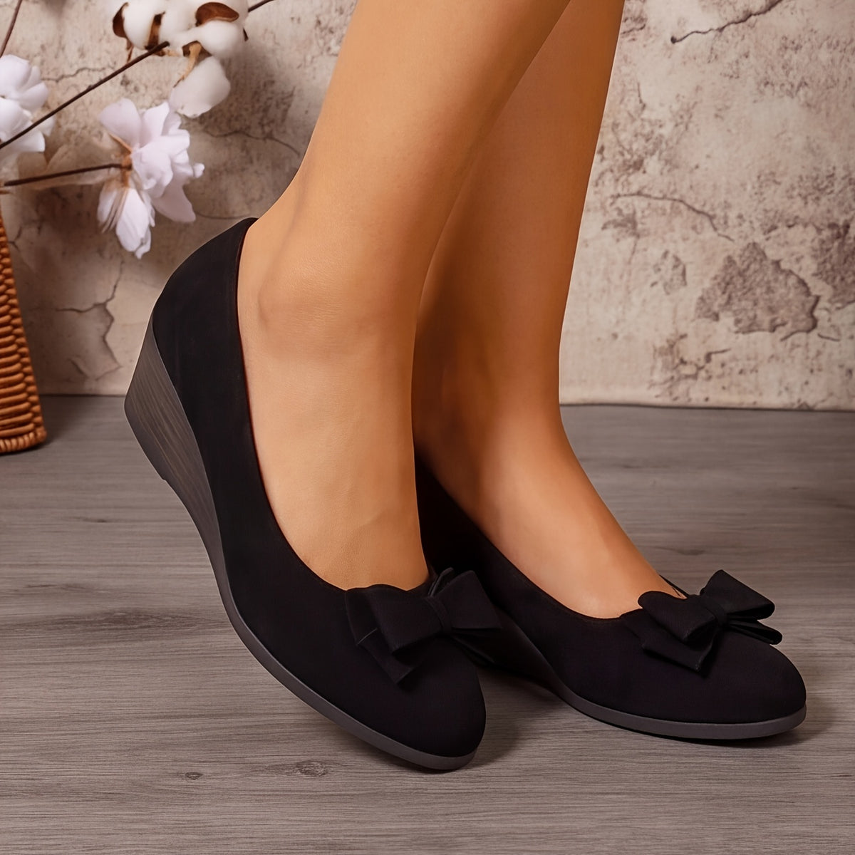 Women'S Wedge Heels, Round Toe And Low-Cut with Bow Detail, Soft And Skin-Friendly, Comfortable Wedge Shoes for Work, Casual And Daily Wear, Women Shoes