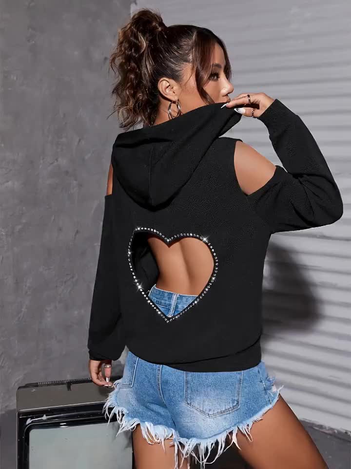 Women's Fashion Off-Shoulder Long Sleeve Top with Heart-Shaped Cut-Out Back, Rhinestone Details, and Drawstring Hoodie. Suitable for Graduation Ceremonies, Back-to- Apparel, Women's Teacher Attire, and Back-to- Events. Machine Washable for Easier