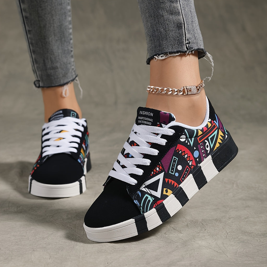 YAMEPP Women's Low-Top Sneakers with Round Toe & Geometric Skate Shoes - - Lace-Up Casual Athletic Wear, Sole for Hiking, Skateboarding & Everyday - -Terrain Versatile Footwear (Hand Washable), Women Shoes