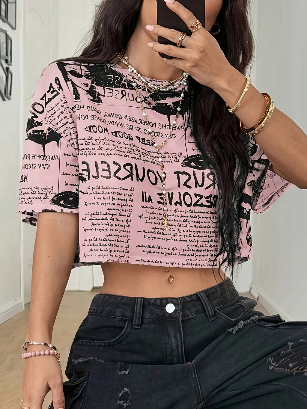 Women's Summer Fashion Newspaper Print Mesh Short Sleeve Crop Top