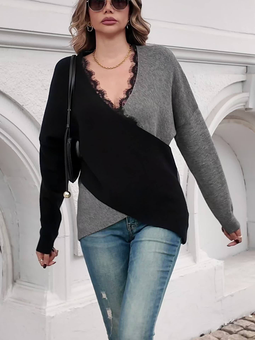 Fashion Lace Patchwork V-Neck Sweater