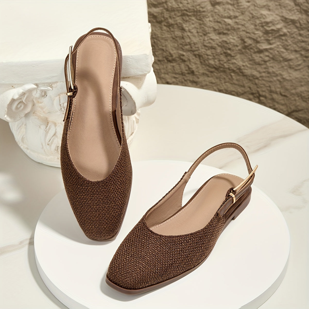 Brown Apricot Linen Square Toe Soft Sole, Shallow Mouth Metal Buckle Women'S Flat Sandals, Women Shoes