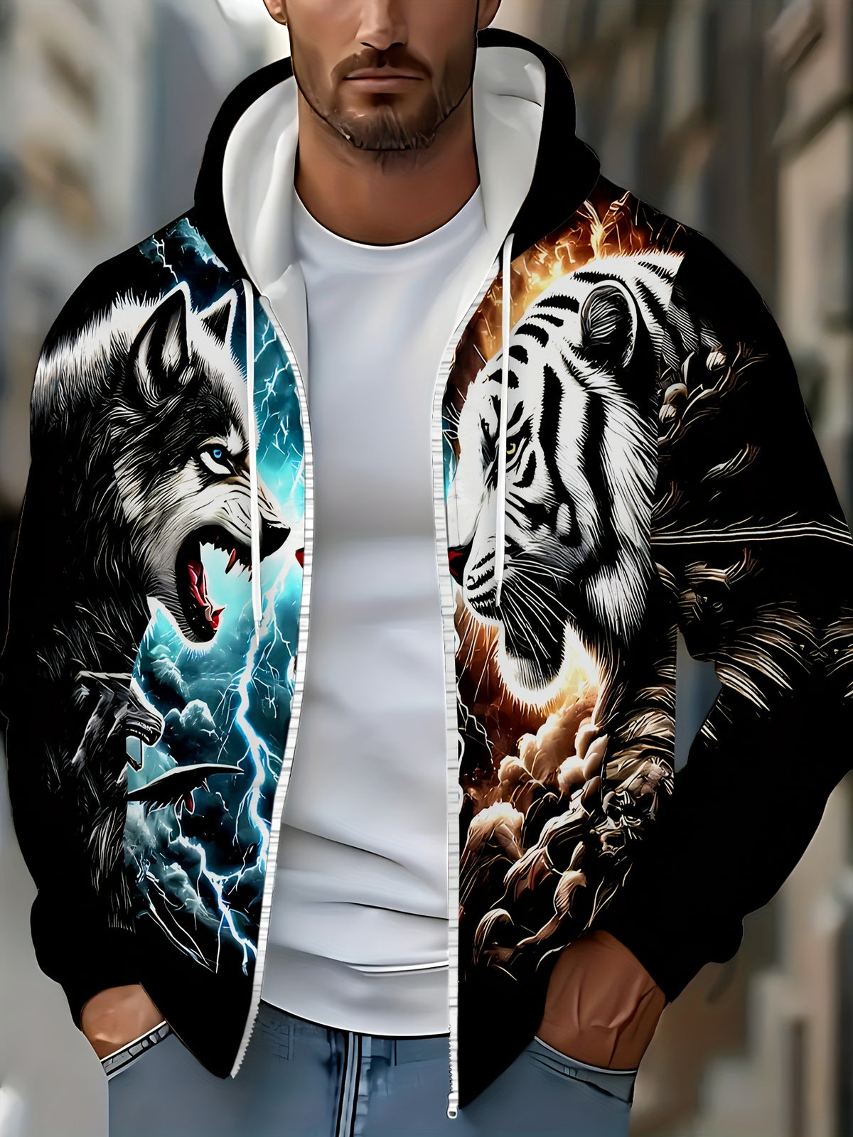 Tiger Wolf Confrontation Print Pattern Long Sleeved Zipper Hooded Sweatshirts for Men, Autumn and Winter Casual Polyester Fiber Fabric Outdoor Jacket with Drawstring and Pockets