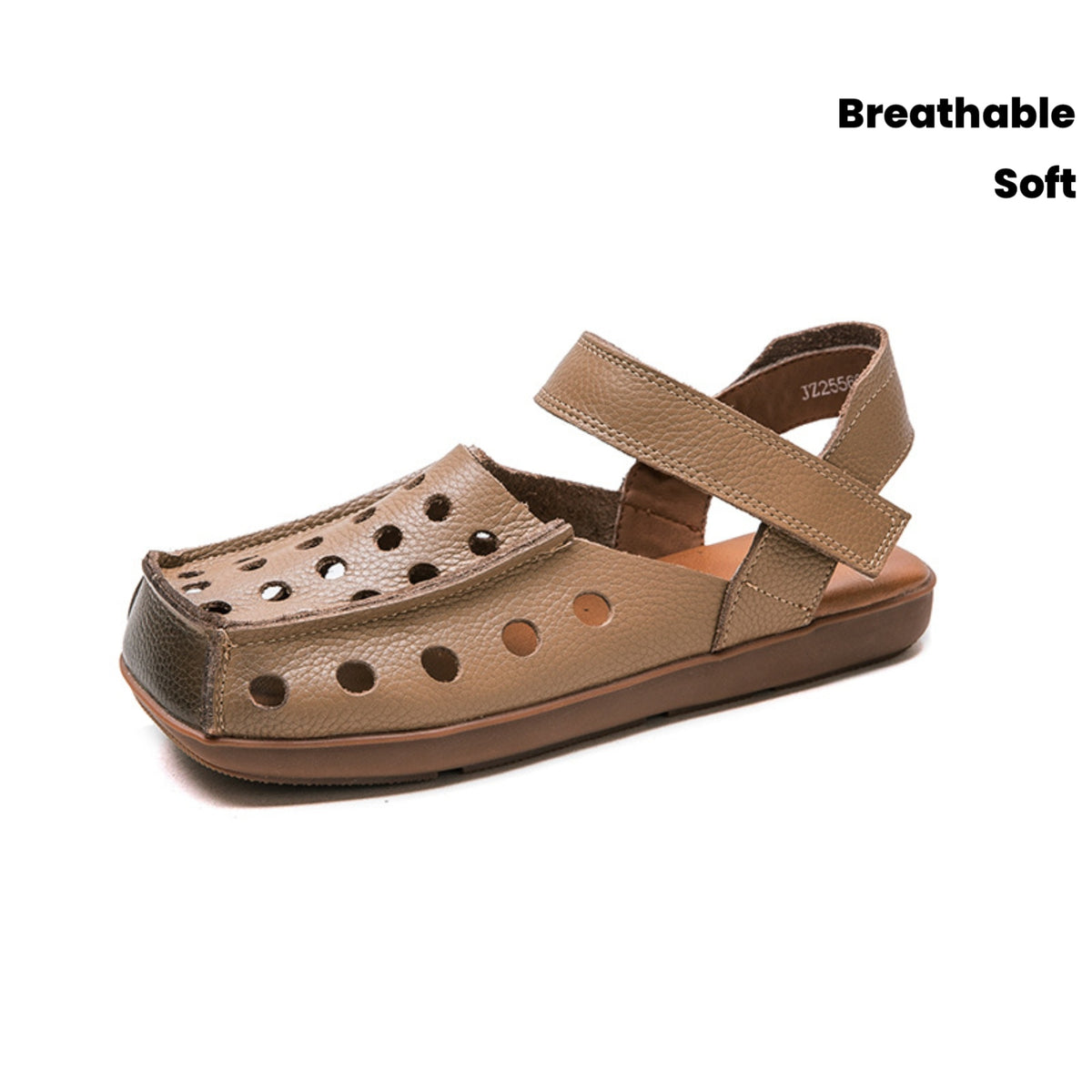 Retro Hollow Square Toe Hook-And-Loop Sandals Women'S First Layer Cowhide Genuine Leather Soft Sole Loafer Single Shoes Breathable Beef Tendon Sole Design Daily Commute, Shopping And Travel, Women Shoes