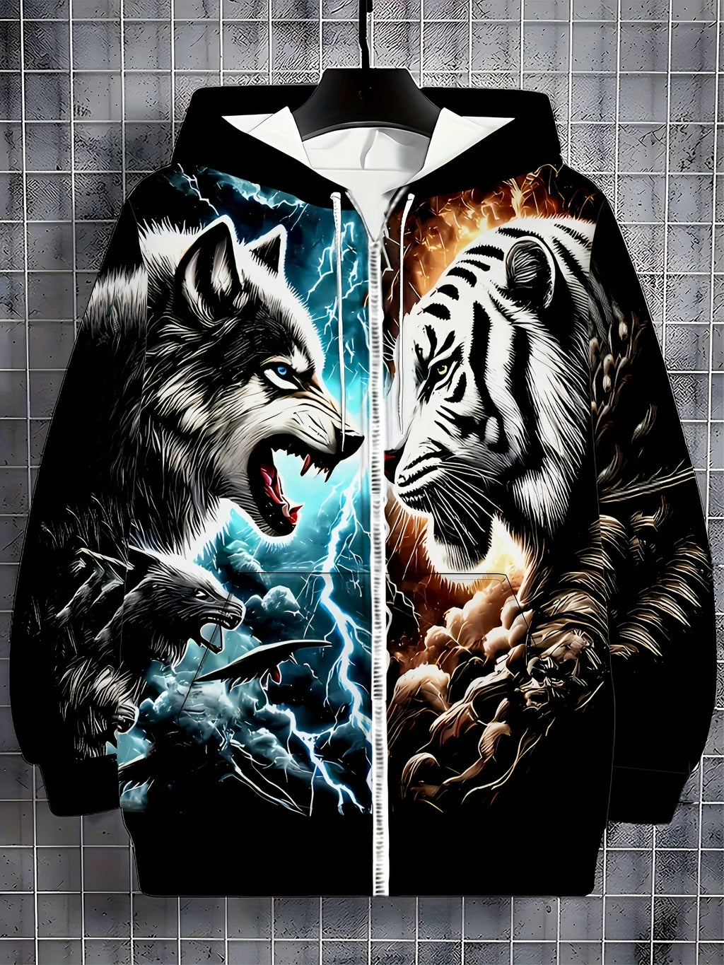 Tiger Wolf Confrontation Print Pattern Long Sleeved Zipper Hooded Sweatshirts for Men, Autumn and Winter Casual Polyester Fiber Fabric Outdoor Jacket with Drawstring and Pockets