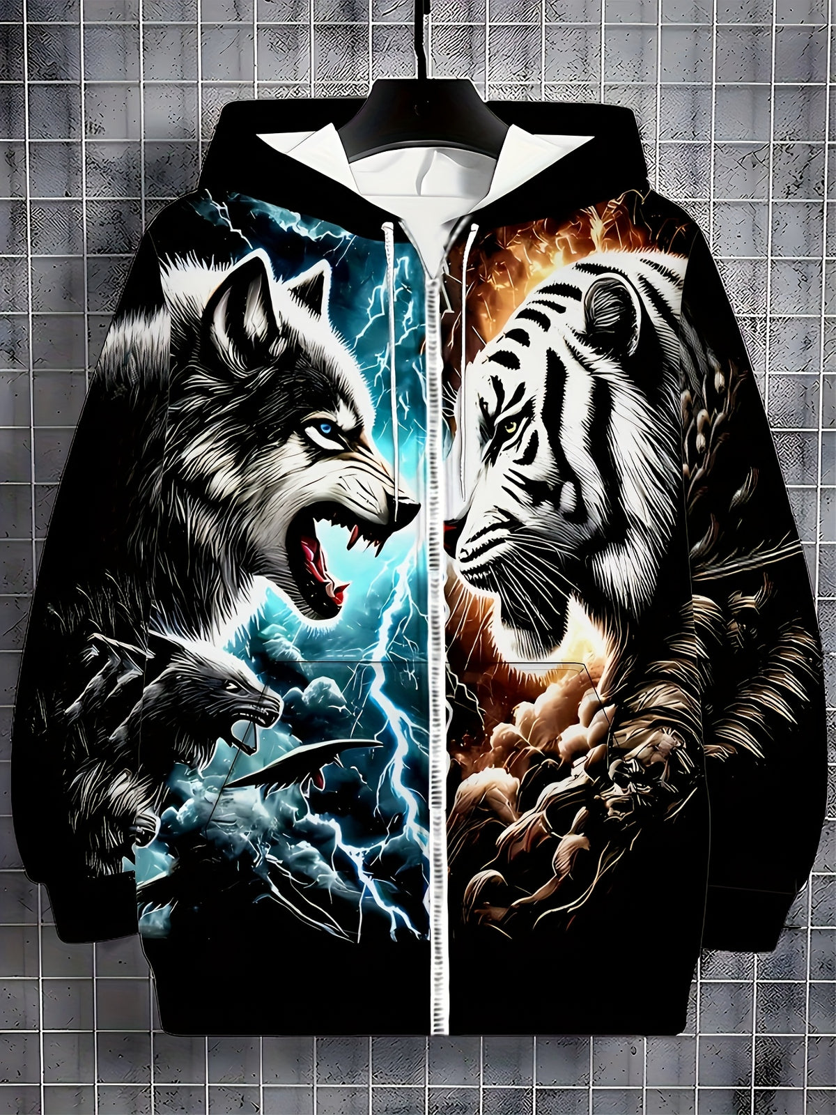 Tiger Wolf Confrontation Print Pattern Long Sleeved Zipper Hooded Sweatshirts for Men, Autumn and Winter Casual Polyester Fiber Fabric Outdoor Jacket with Drawstring and Pockets