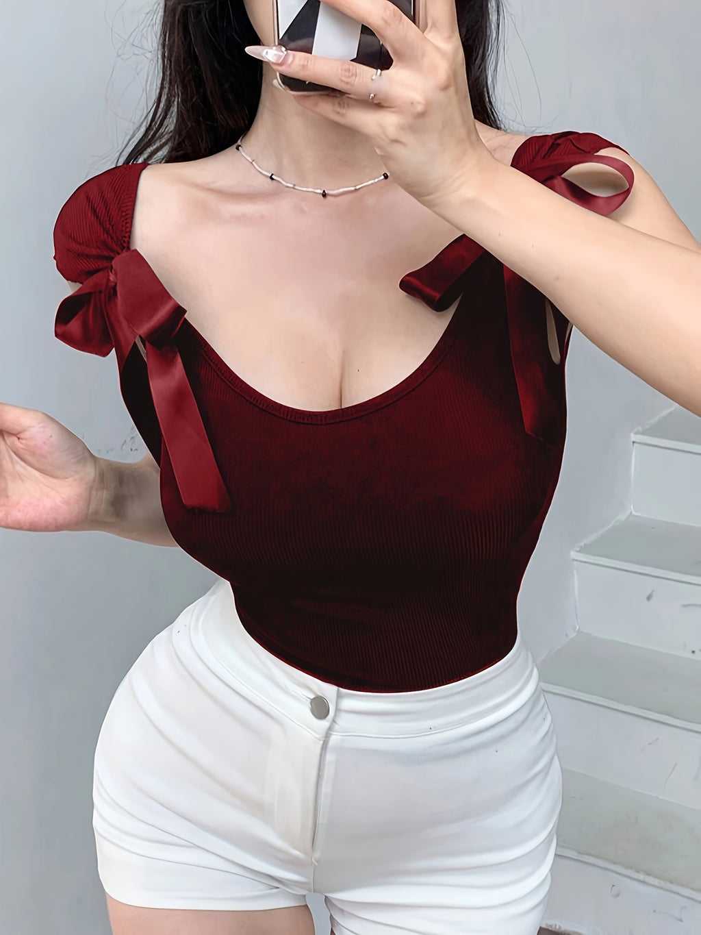 Lin Zuojia Women's Bow Strap Backless T-Shirt - Short Sleeve Round Neck Bow Accent Top, Medium Stretch Fitted Blouse for Spring Summer Fall Layering, Solid Color Casual Wear, Machine Washable Backless Shirt