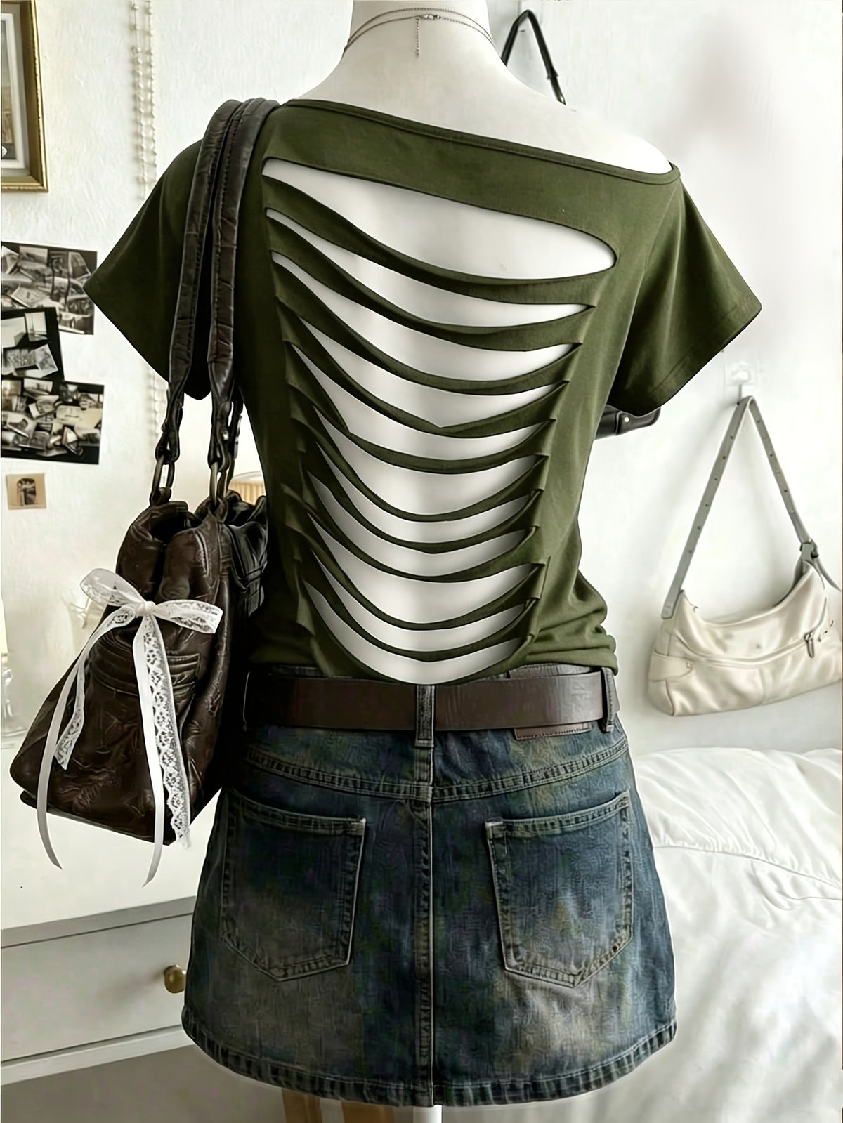 Women's Sexy Solid Color Asymmetrical Neckline Backless Summer T-Shirt, Women's Top