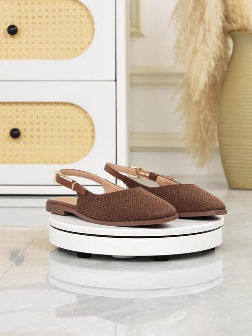 Brown Apricot Linen Square Toe Soft Sole, Shallow Mouth Metal Buckle Women'S Flat Sandals, Women Shoes